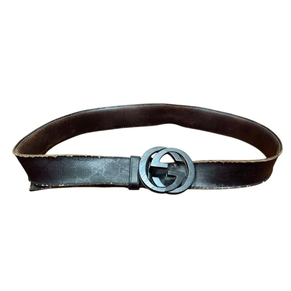 Gucci Black Shiny Imprime Belt With Black Interlinking GG Buckle